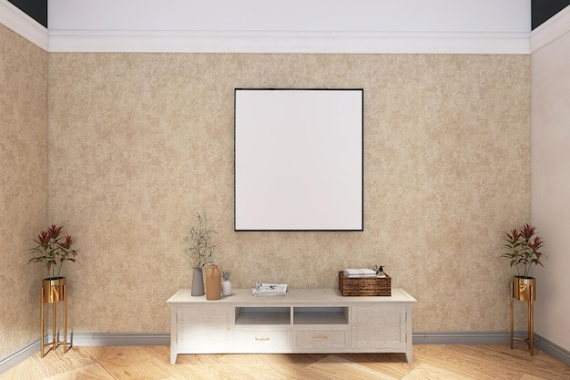 Blank Photo Frame Mockup with Media Unit in Modern Living Room