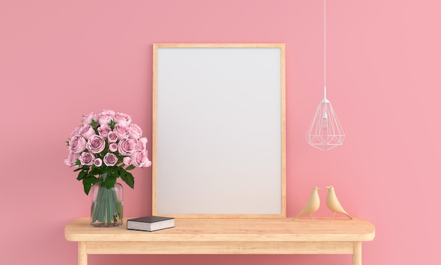 モックアップのためのピンクの部屋で空白のフォトフレーム
