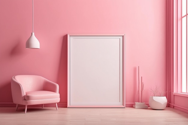 モックアップのためのピンクの部屋の空白の写真フレーム