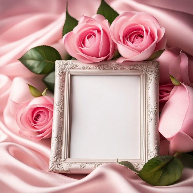 A blank photo frame on pink silk fabric with pink roses