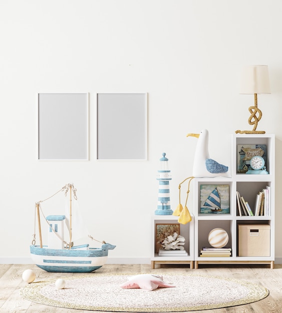 Blank photo frame in scandinavian style childrens room interior with kids shelf with books and toys, 3d rendering