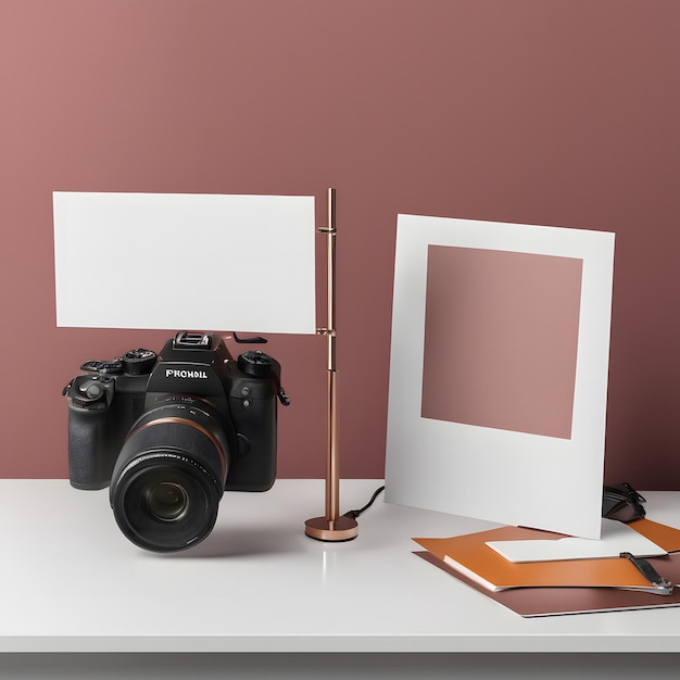 Blank photo frames and camera on a table