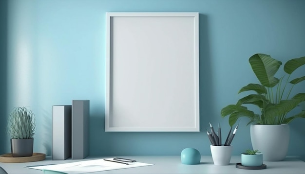 A blank picture frame on a blue wall