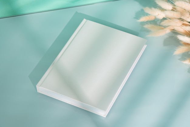 Blank picture frame and dried flower in a vase on mint background