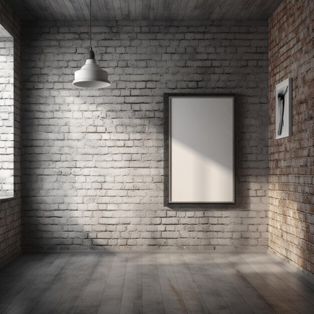 A blank picture frame hangs on a brick wall.