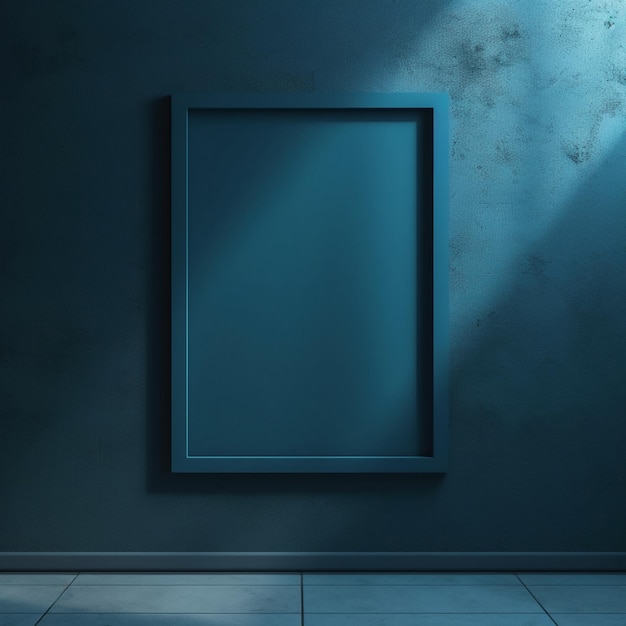 A blank picture frame hangs on a wall in a dark room.