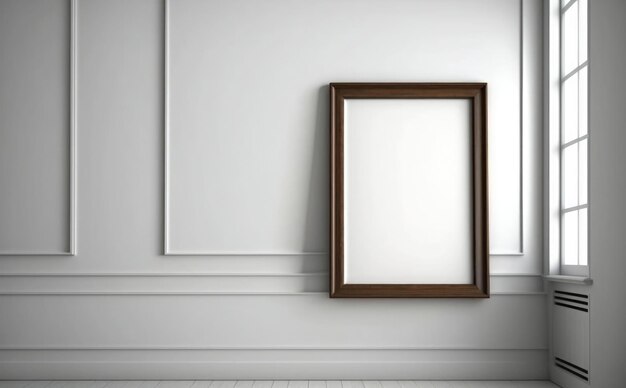 A blank picture frame hangs on a white wall.