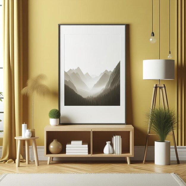 Blank picture frame mock up in yellow color room interior 3d rendering