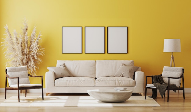 3Dレンダリングの黄色い部屋のインテリアの空白画面フレームモックアップ
