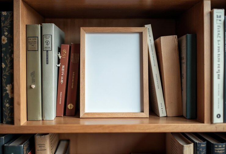 Blank Picture Frame Mockup on Bookshelf with Vintage Copies Home Library Decor
