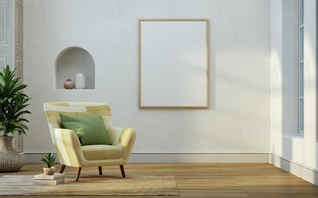 Blank picture frame mockup interior with armchair