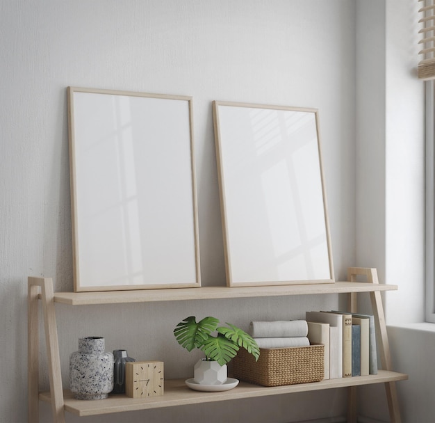 Photo blank picture frame mockup interior with shelf and decoration object