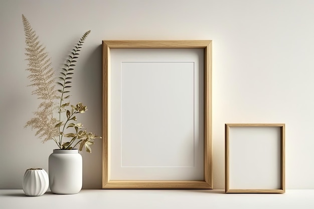 Blank picture frame mockup on wall in modern interior Artwork template mock up in interior design Wooden Picture Frame Mockup on White Wall Minimalist Generative AI