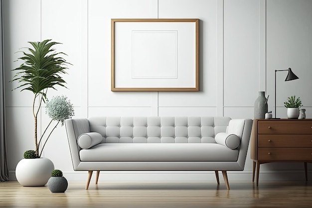 Blank Picture Frame Mockup on Wall Above Sofa in Living Room