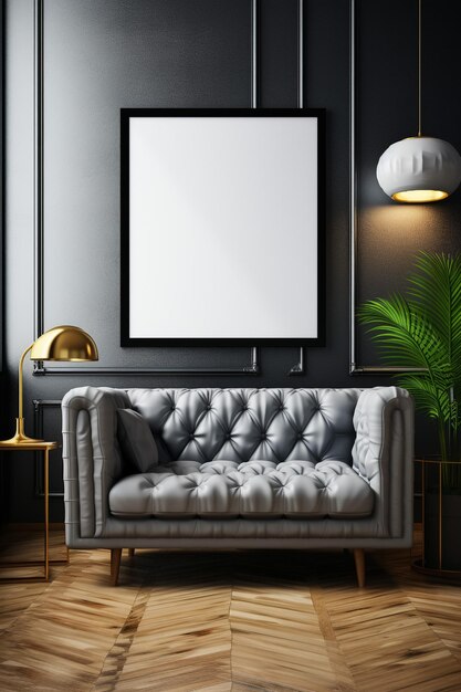 Blank picture frame mockup on white wall Modern living room design View of modern Boho style inter