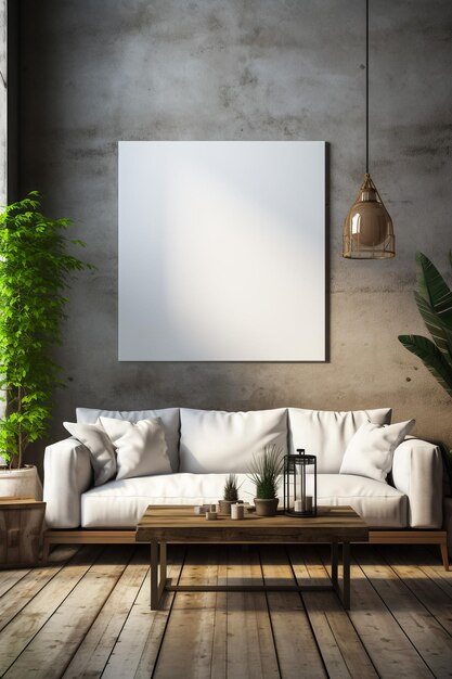 Blank picture frame mockup on white wall modern living room design view of modern boho style inter
