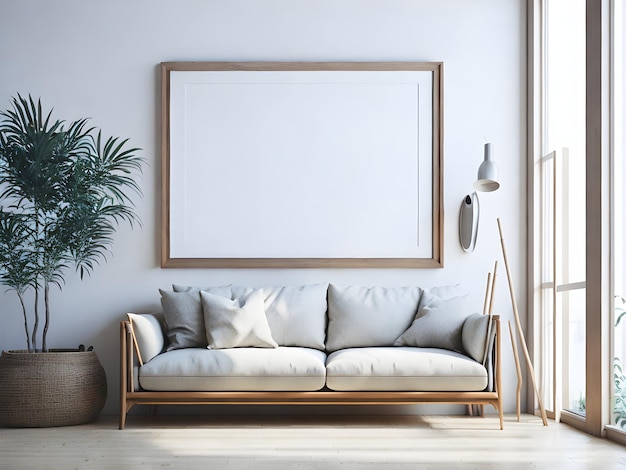 Blank picture frame mockup on white wall Modern living room design