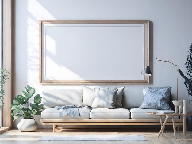 Blank picture frame mockup on white wall Modern living room design