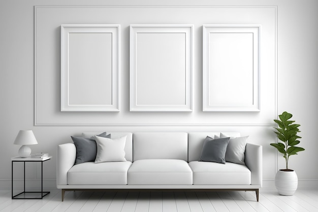 Blank picture frame mockup on white wall Modern living room design