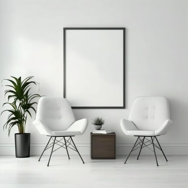 Blank picture frame mockup on white wall