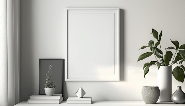 Blank picture frame mockup on white wall