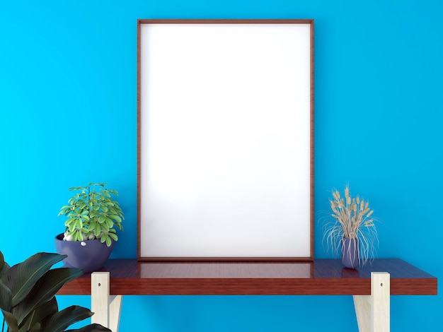 Blank picture frame mockup on wooden table living room design with scandinavian style interior with artwork mock up on blue wall 3d rendering