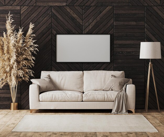 Blank picture frame in modern luxury living room interior with beige sofa and decorative wood wall panel with parquet floor floor lamp living room interior background mock up 3d rendering