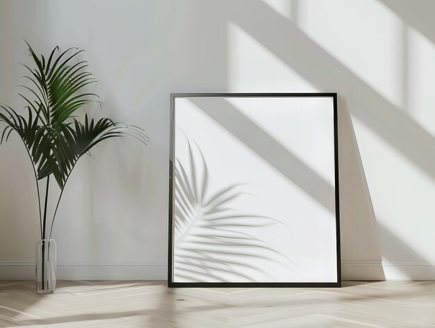 Blank picture frame on the parquet floor with flowers near window