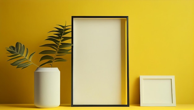 A blank picture frame next to a plant