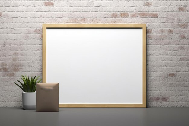 A blank picture frame sits on a table next to a plant.