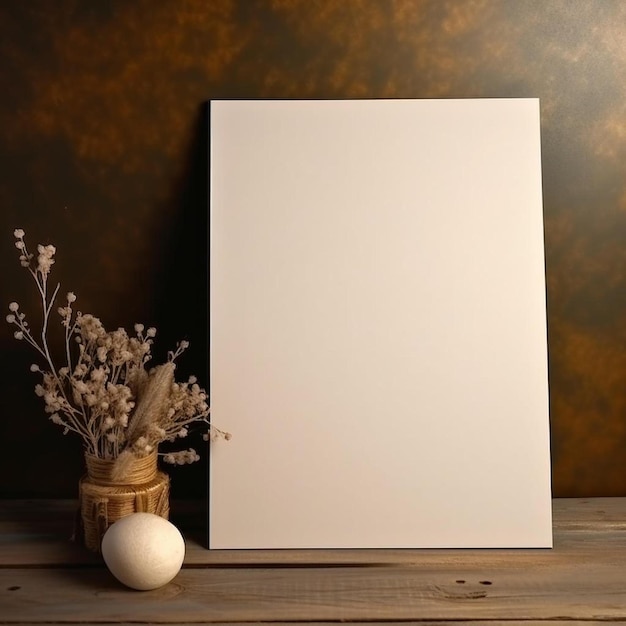 a blank picture frame sitting on a table next to a vase of flowers