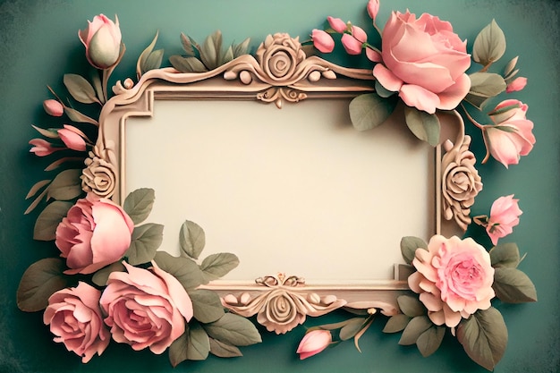 Blank Picture Frame surround by a Floral frame of English Roses Space for Copy Generative AI