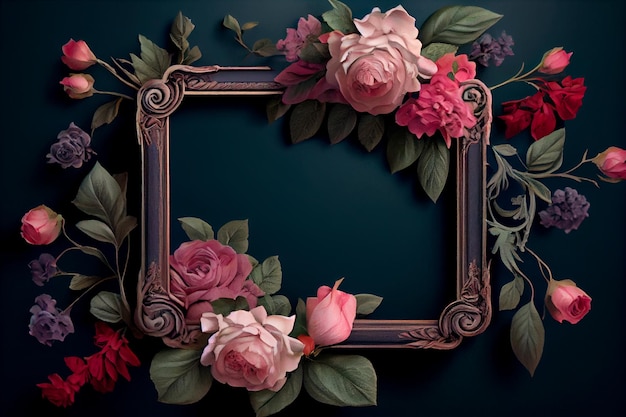 Blank Picture Frame surround by a Floral frame of English Roses Space for Copy Generative AI