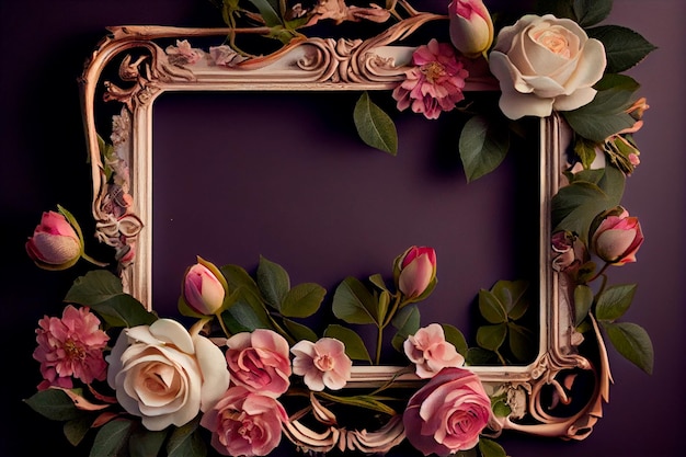 Blank Picture Frame surround by a Floral frame of English Roses Space for Copy Generative AI