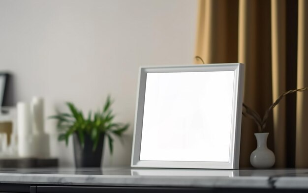 A blank picture frame on a table with a plant in the background.