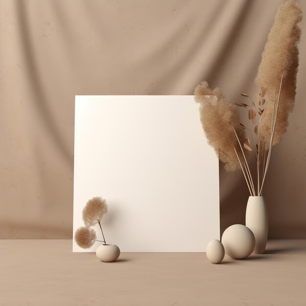 A blank picture frame with a bunch of flowers and a vase with a feathered plant in it.