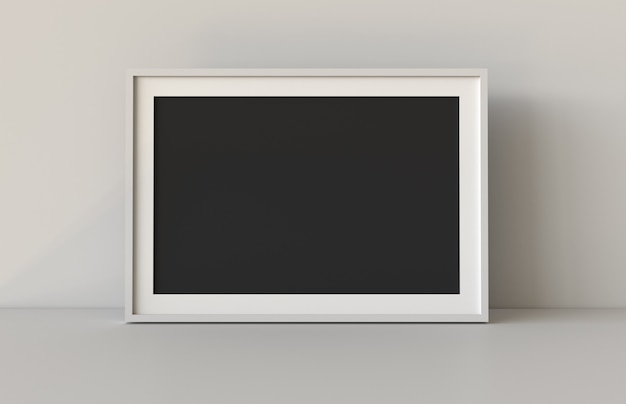 Photo blank picture frame with table and wall background