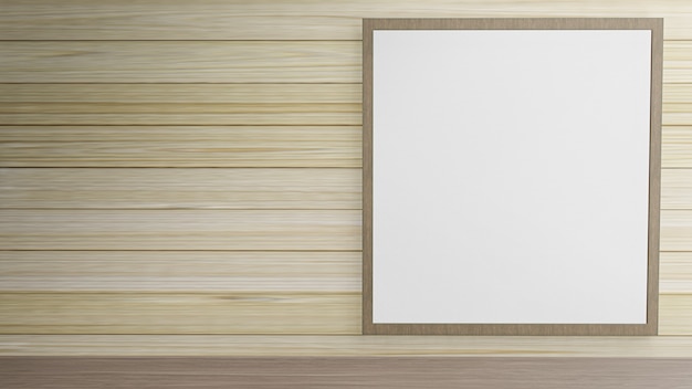 The blank picture frame on wood wall for background content 3d rendering
