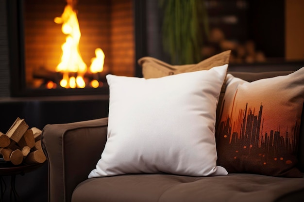 Blank pillow on the sofa near fireplace