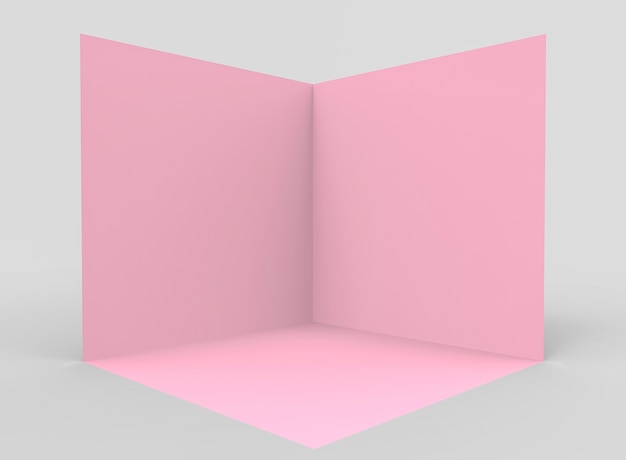 灰色の背景に空白のピンクのキューブボックスコナースペース。