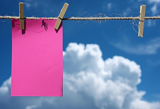 메시지와 발표에 완벽한 구름과 함께 아름다운 파란 하늘에 대한 옷걸이로 줄에 매달린 은 분홍색 종이