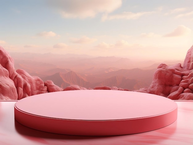 Blank pink podium with pink mountain scenery on a rock in the background