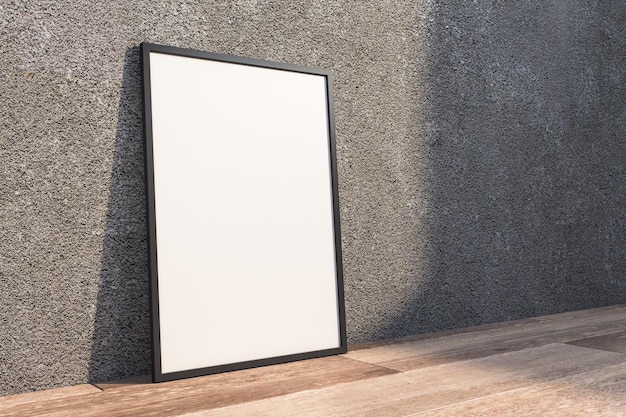 Blank placard standing on wooden floor in gallery interior Performance and presentation concept Mock up 3D Rendering