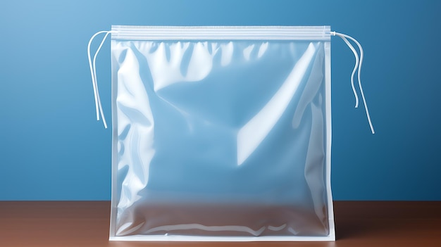 Photo blank plastic bag on a wooden table