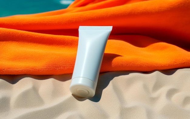 Blank plastic tube of sunscreen for mockup on the beach Lotion for summer Skin care concept
