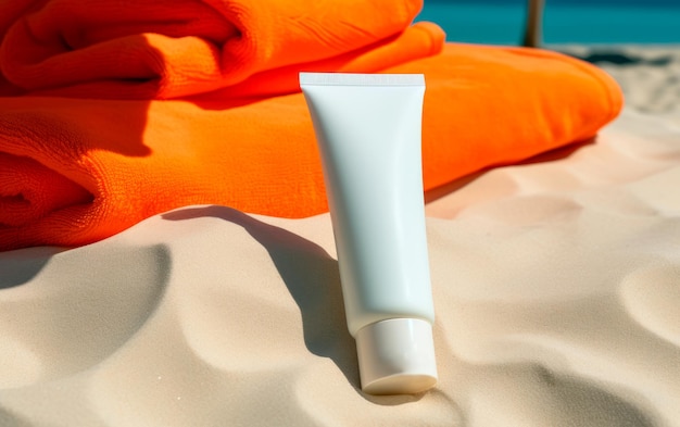 Blank plastic tube of sunscreen for mockup on the beach Lotion for summer Skin care concept