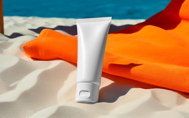 Photo blank plastic tube of sunscreen for mockup on the beach lotion for summer skin care concept