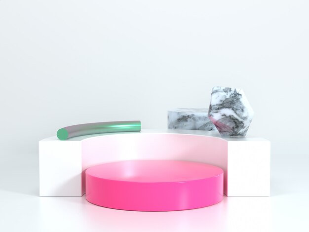 Foto podio in bianco 3d rendering geometrico bianco rosa scena e marmo texture