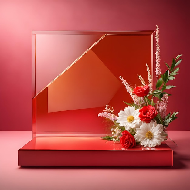 Blank podium showcase with flowers on red background