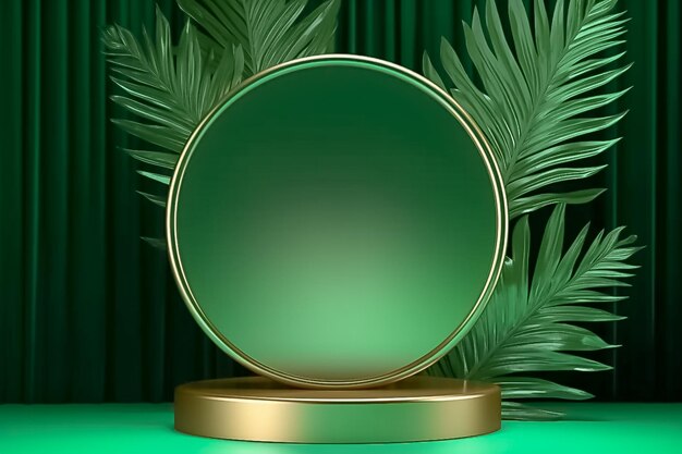 Blank podium with palm leaves and glowing Cosmetic products display platformAi generated